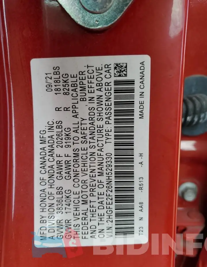 2HGFE2F26NH529330 Photo# 12