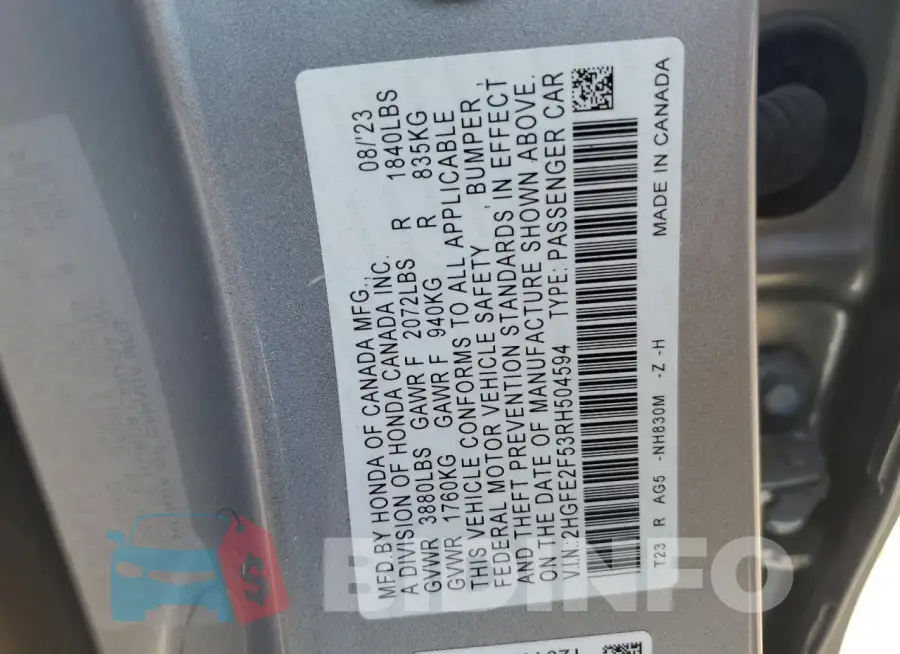 2HGFE2F53RH504594 Photo# 12