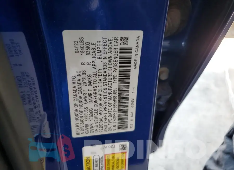 2HGFE2F56NH581051 Photo# 12