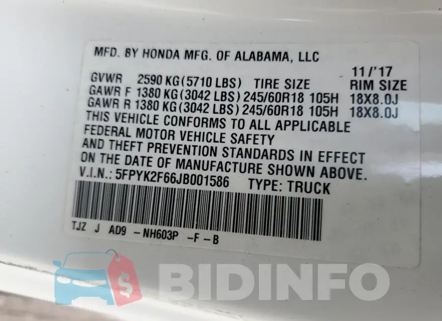 5FPYK2F66JB001586 Photo# 12