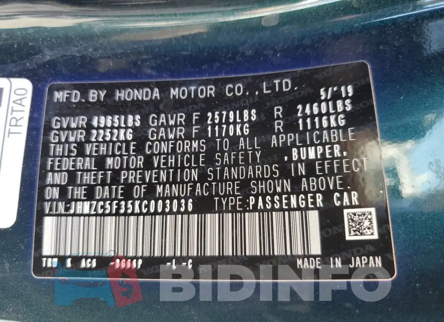 JHMZC5F35KC003036 Photo# 12