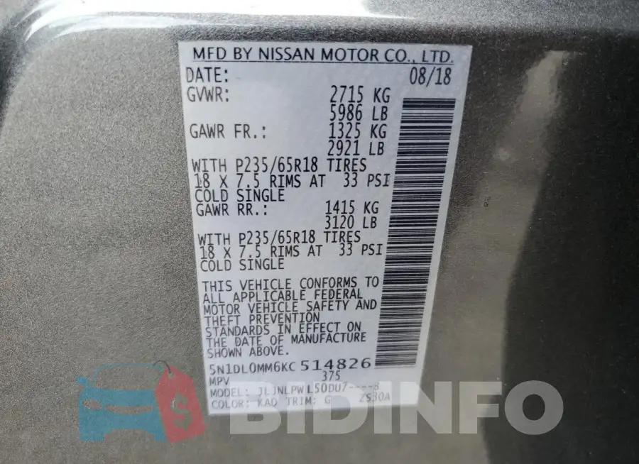 5N1DL0MM6KC514826 Photo# 13