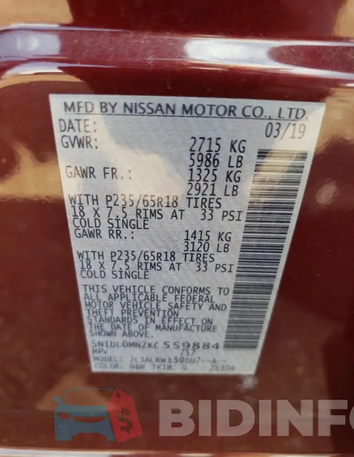 5N1DL0MN2KC559884 Photo# 12