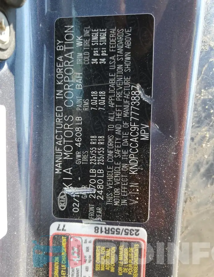 KNDPCCAC9F7773887 Photo# 13