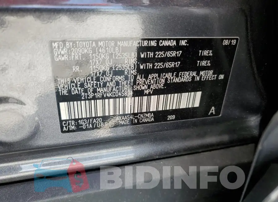 2T3P1RFV4KC045834 Photo# 13
