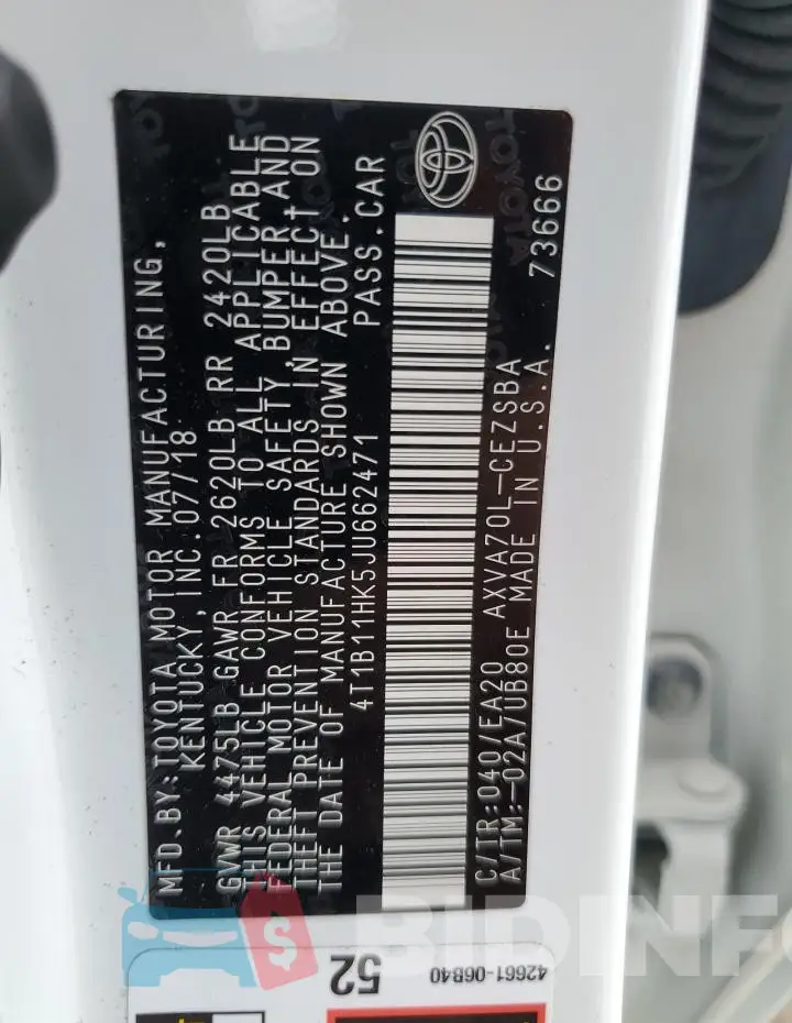 4T1B11HK5JU662471 Photo# 12