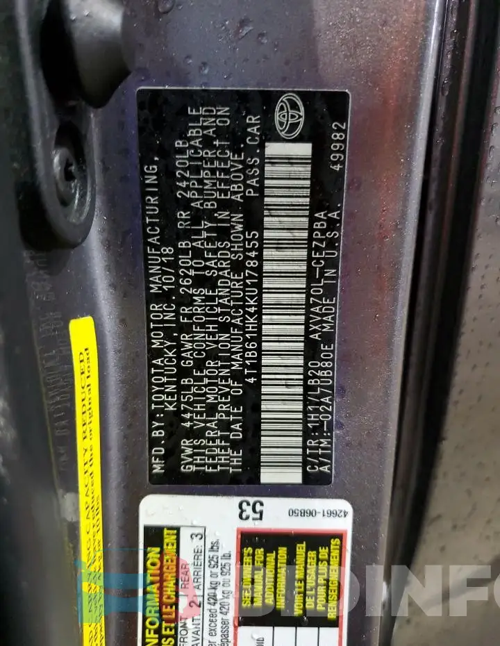 4T1B61HK4KU178455 Photo# 12