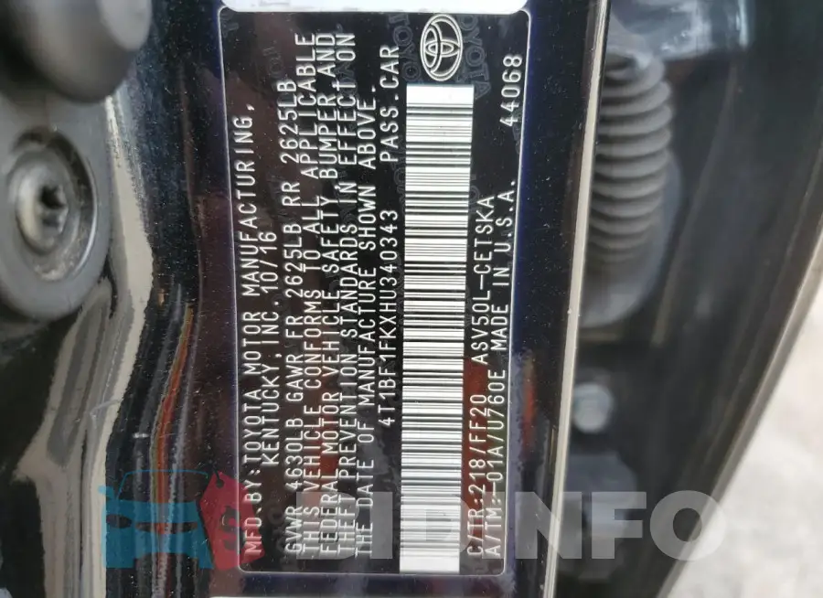 4T1BF1FKXHU340343 Photo# 12