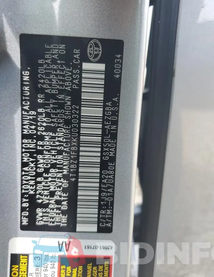4T1BZ1FBXKU030322 Photo# 12