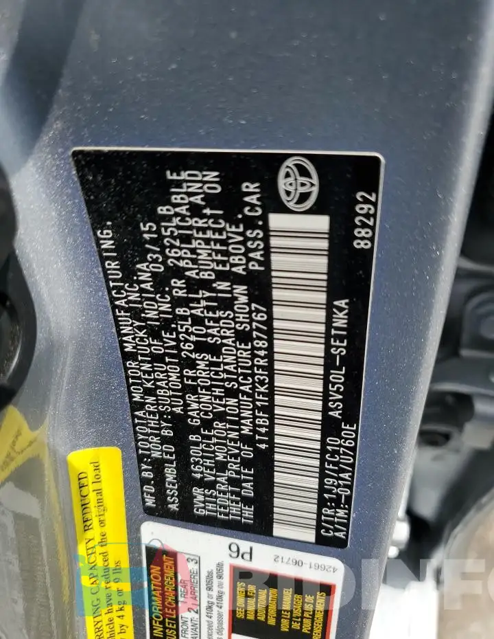 4T4BF1FK3FR487767 Photo# 12