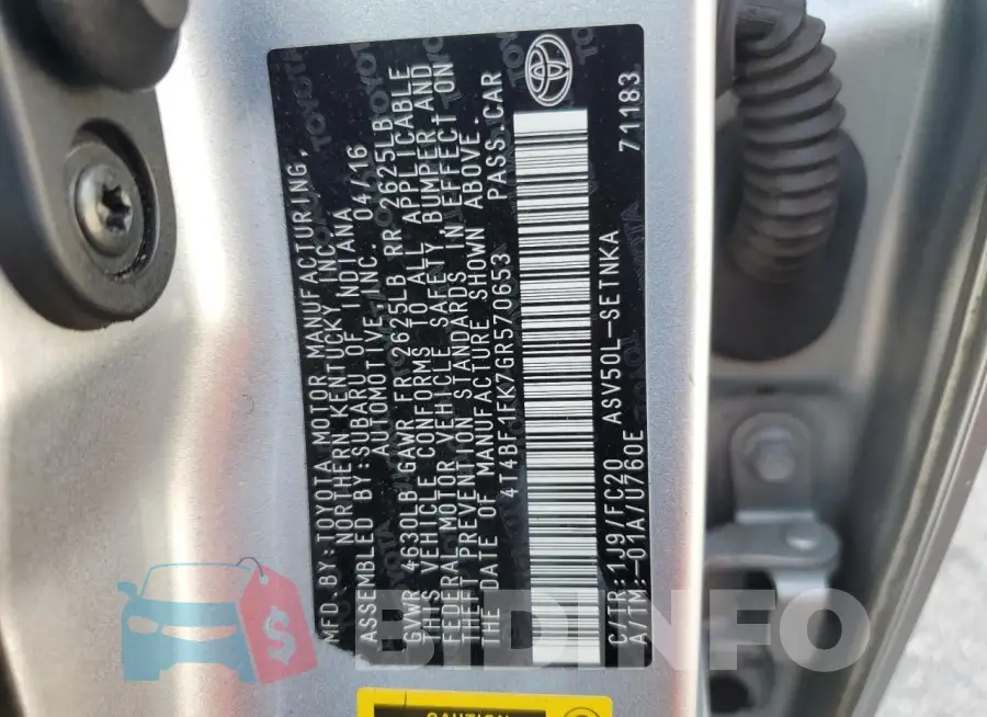 4T4BF1FK7GR570653 Photo# 12