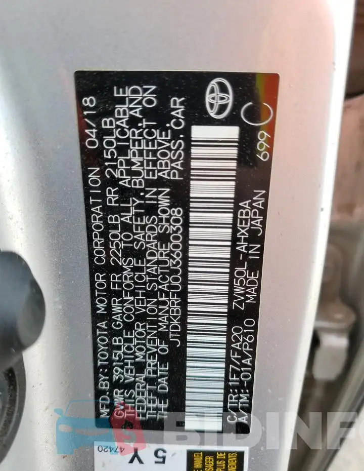 JTDKBRFU0J3600308 Photo# 13