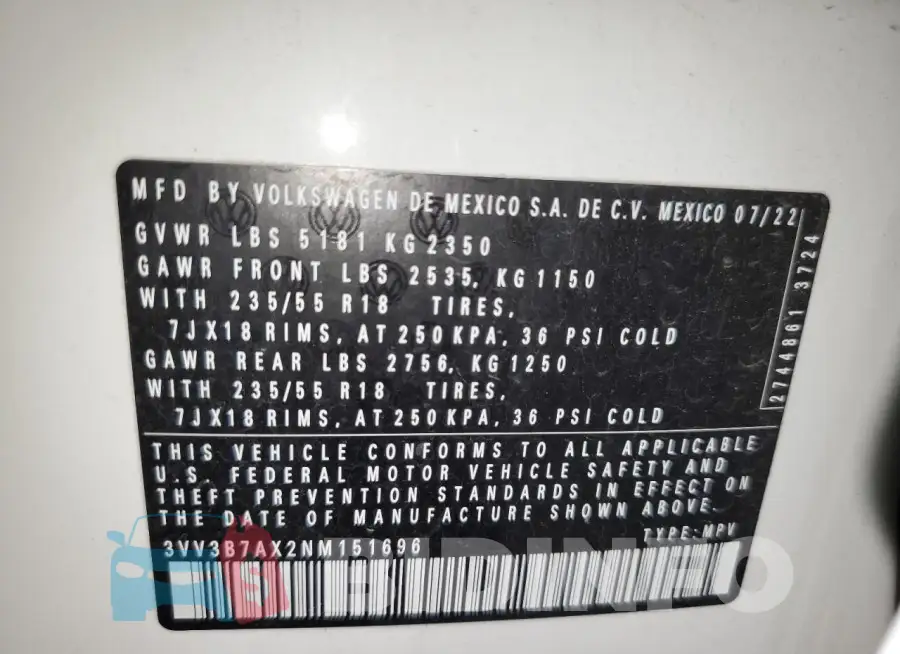 3VV3B7AX2NM151696 Photo# 13