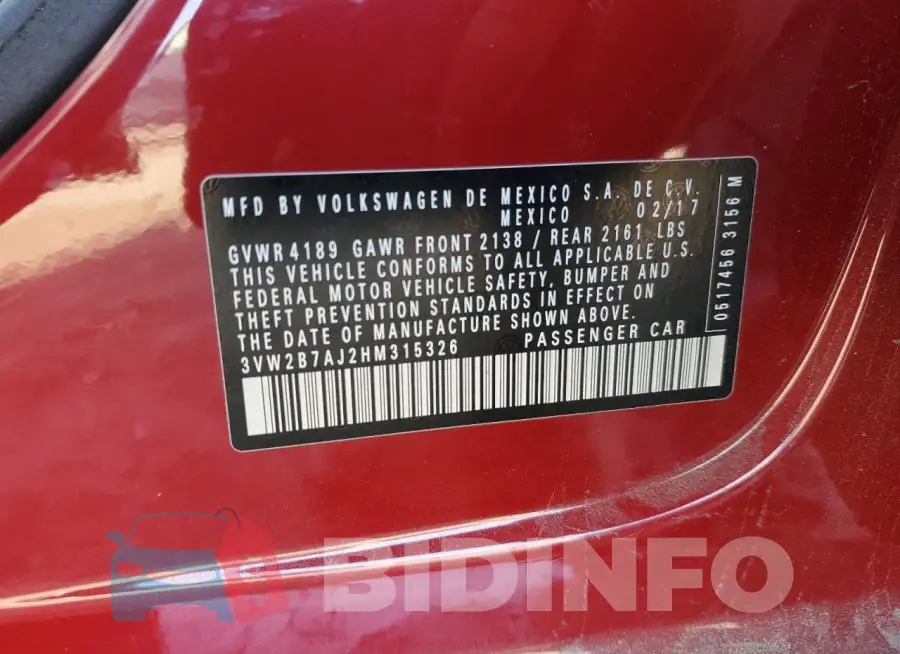 3VW2B7AJ2HM315326 Photo# 12