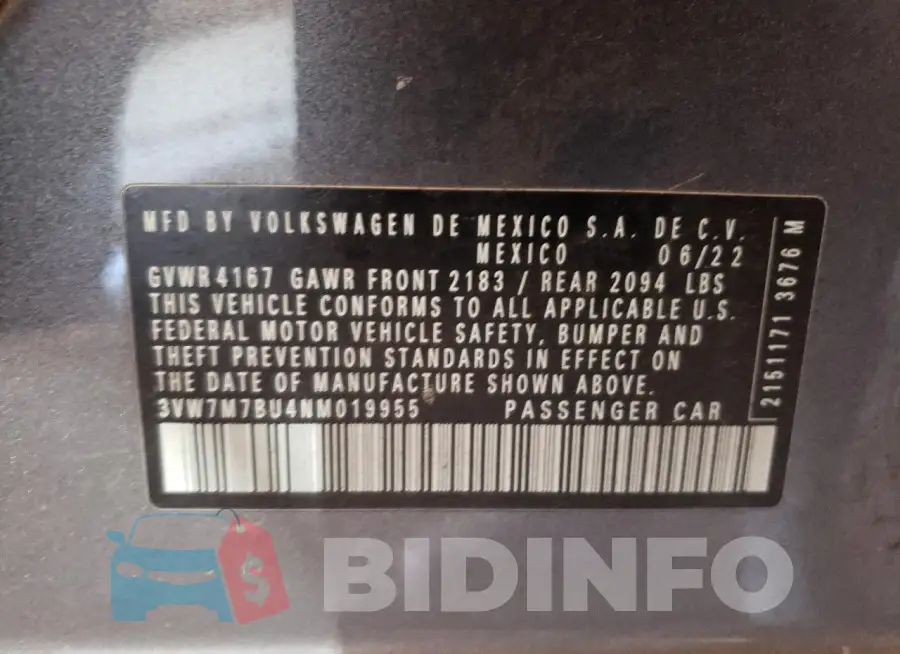 3VW7M7BU4NM019955 Photo# 13