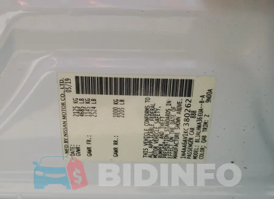 1N4AA6AV1KC380262 Photo# 12
