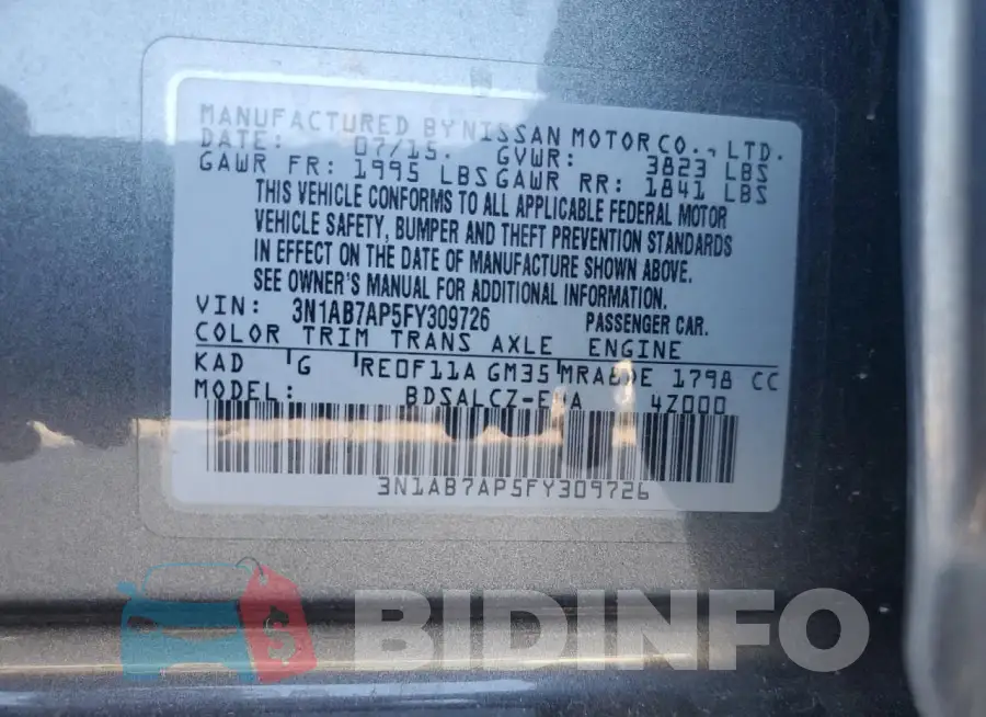 3N1AB7AP5FY309726 Photo# 12