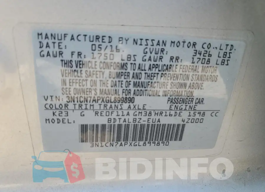 3N1CN7APXGL899890 Photo# 12