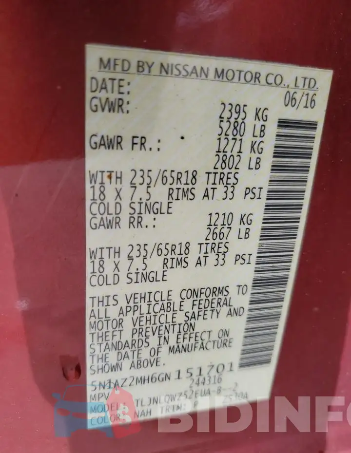 5N1AZ2MH6GN151701 Photo# 13