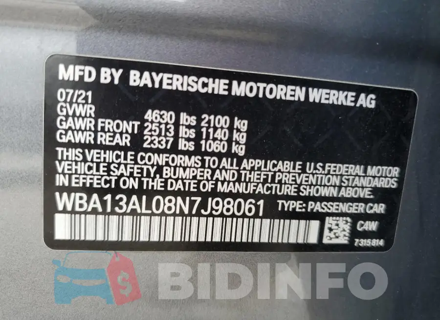 WBA13AL08N7J98061 Photo# 13