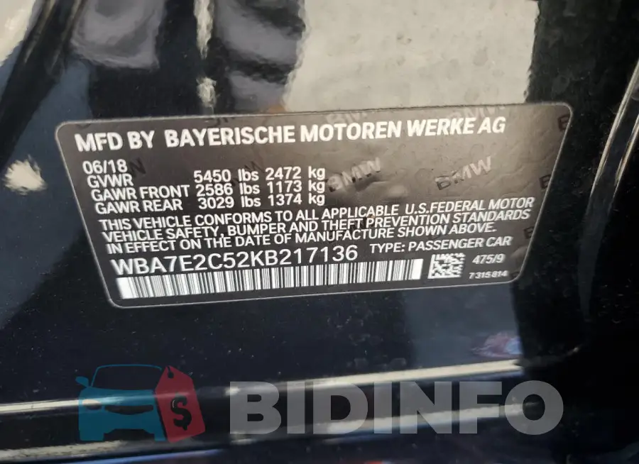 WBA7E2C52KB217136 Photo# 12