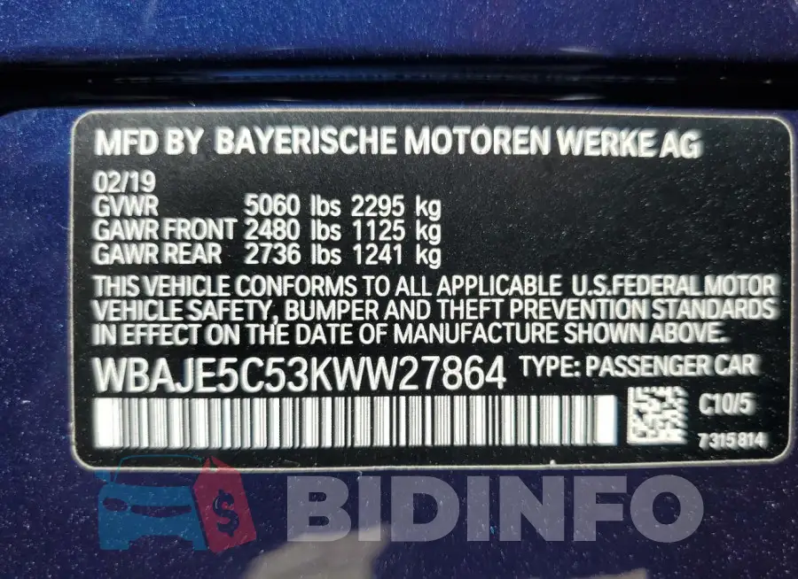 WBAJE5C53KWW27864 Photo# 12