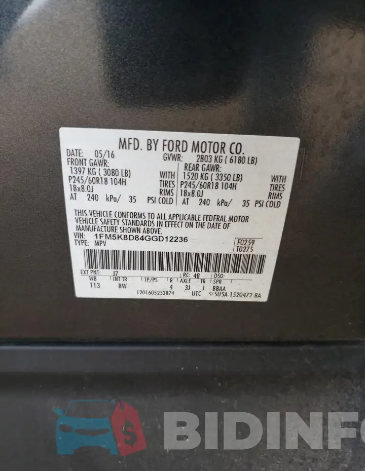 1FM5K8D84GGD12236 Photo# 12