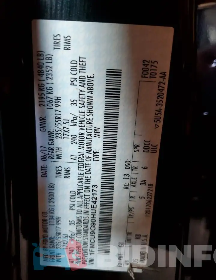 1FMCU9G90HUE42173 Photo# 14
