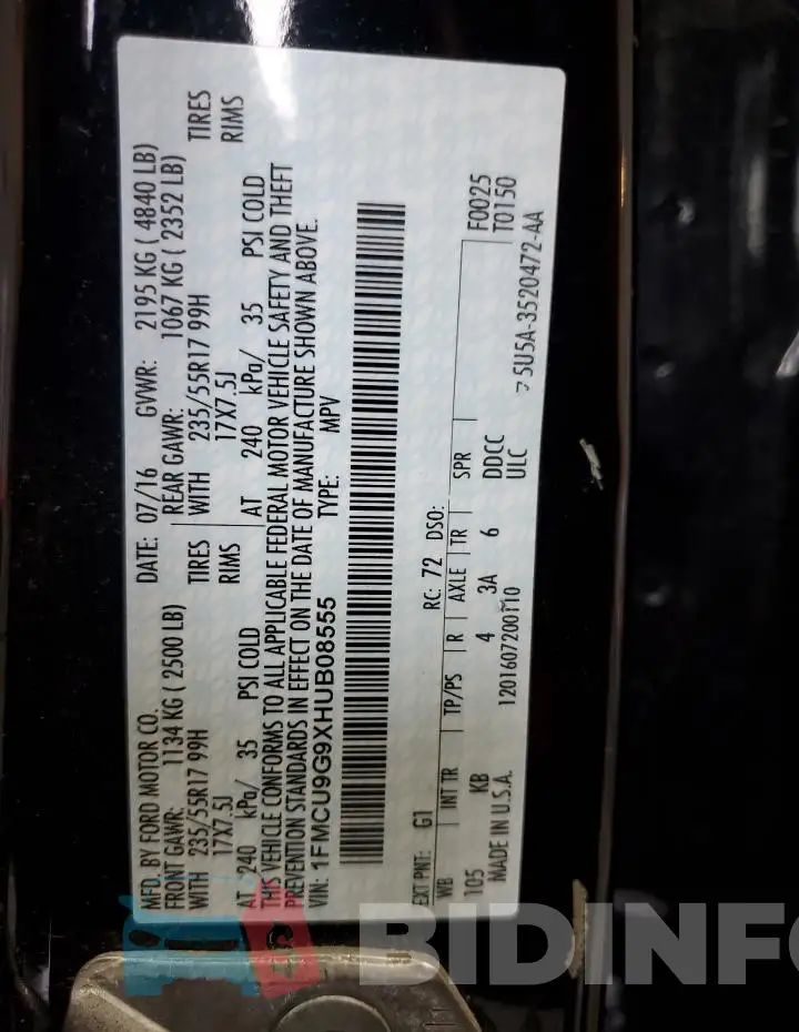 1FMCU9G9XHUB08555 Photo# 14
