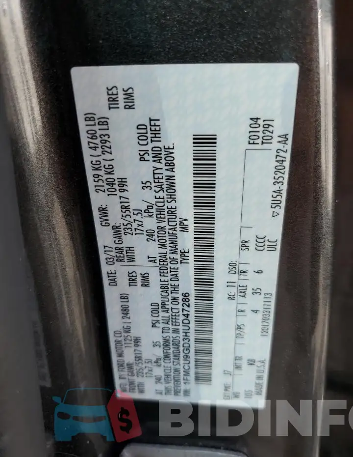 1FMCU9GD3HUD47286 Photo# 13