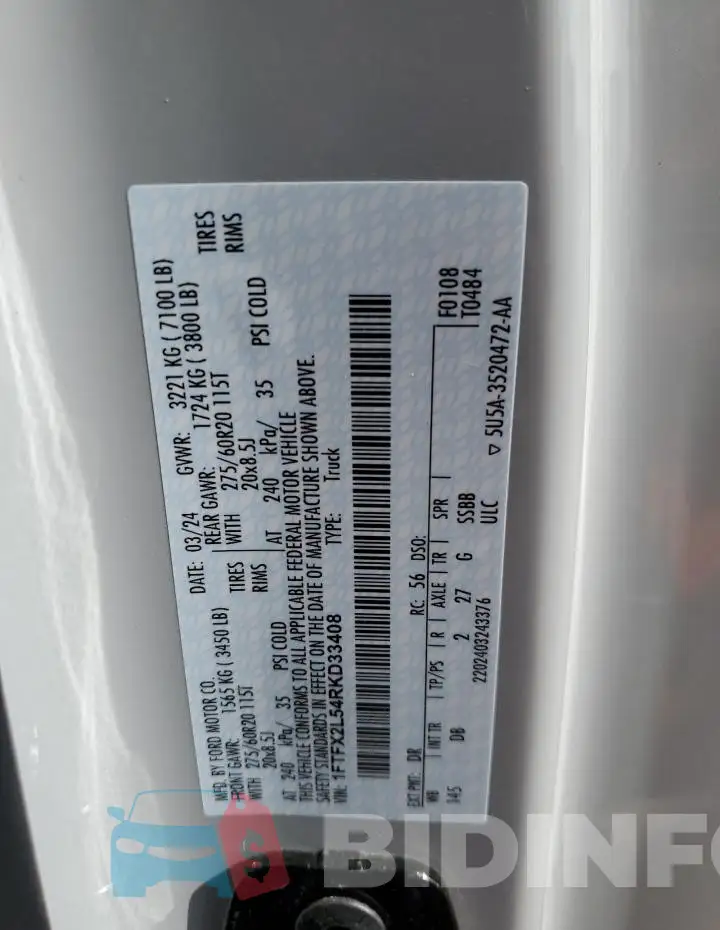 1FTFX2L54RKD33408 Photo# 12