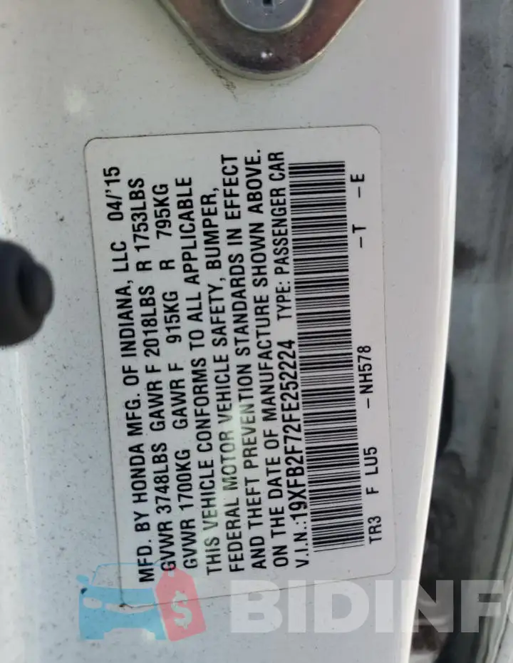 19XFB2F72FE252224 Photo# 12