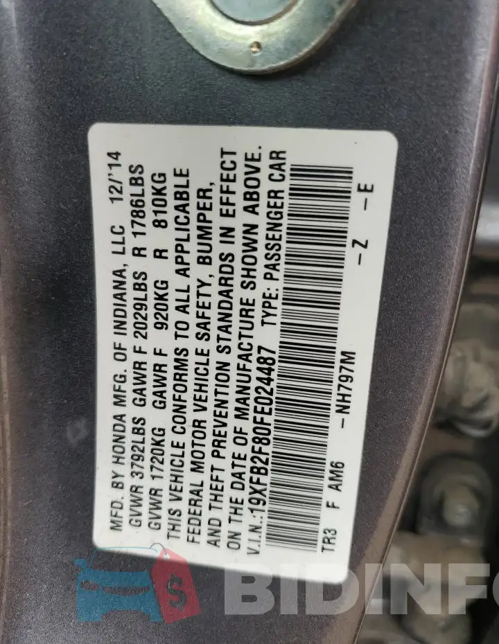 19XFB2F80FE024487 Photo# 12