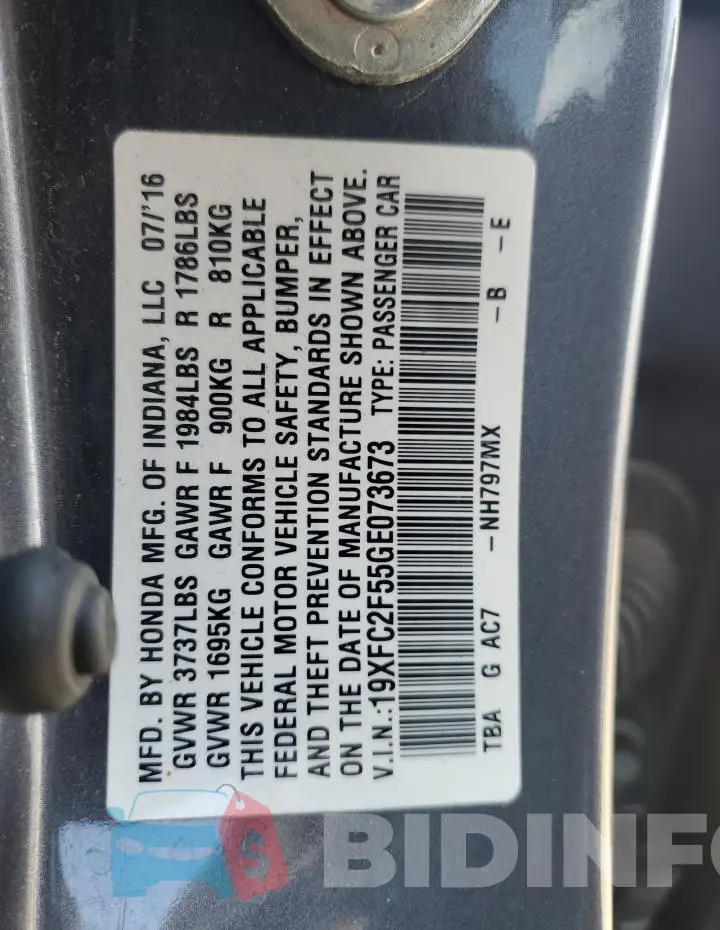 19XFC2F55GE073673 Photo# 12