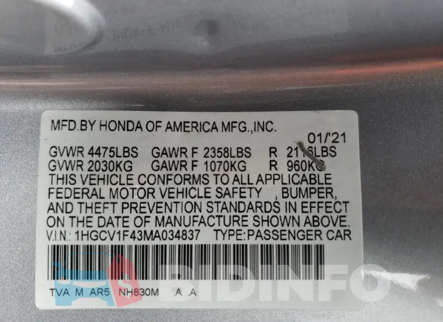 1HGCV1F43MA034837 Photo# 12