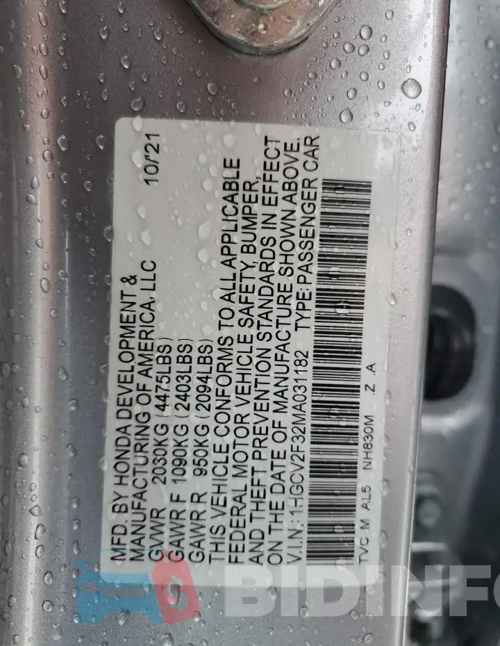 1HGCV2F32MA031182 Photo# 13