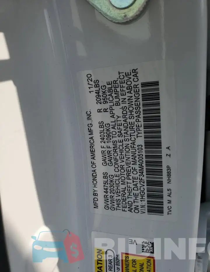 1HGCV2F34MA005103 Photo# 13