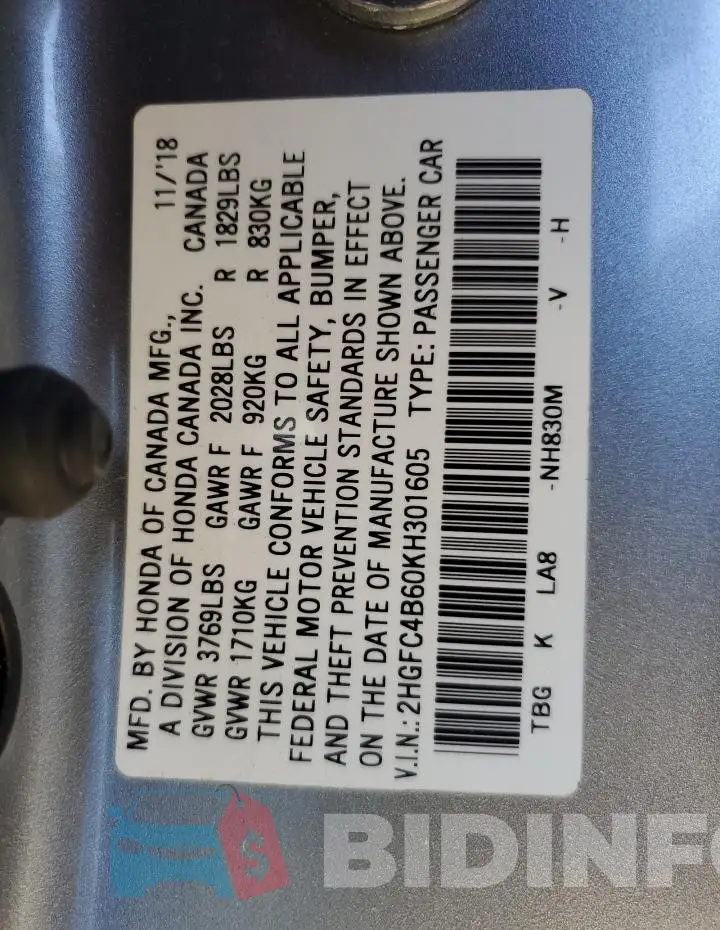 2HGFC4B60KH301605 Photo# 12