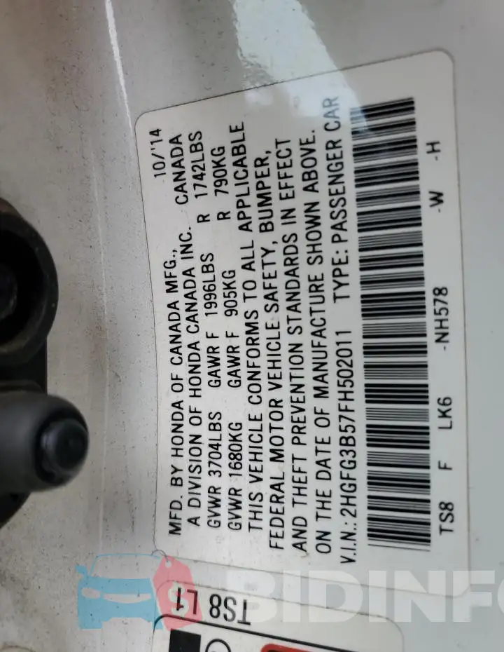 2HGFG3B57FH502011 Photo# 13
