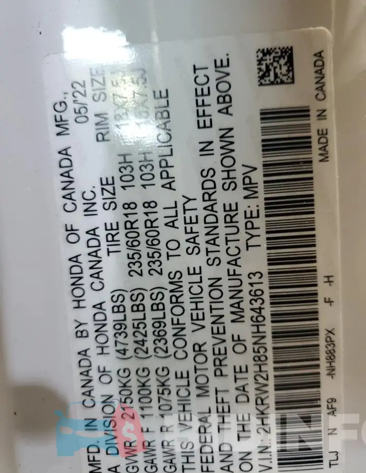 2HKRW2H85NH643613 Photo# 14