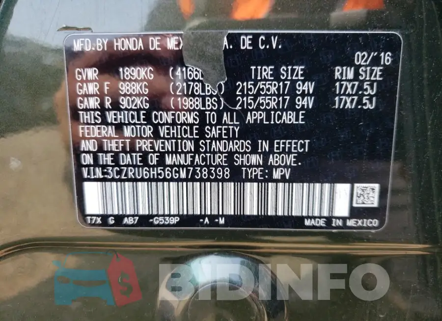 3CZRU6H56GM738398 Photo# 12