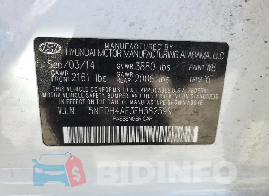 5NPDH4AE3FH582599 Photo# 12