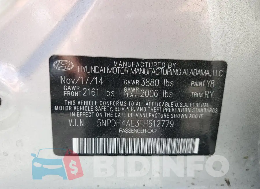 5NPDH4AE3FH612779 Photo# 12