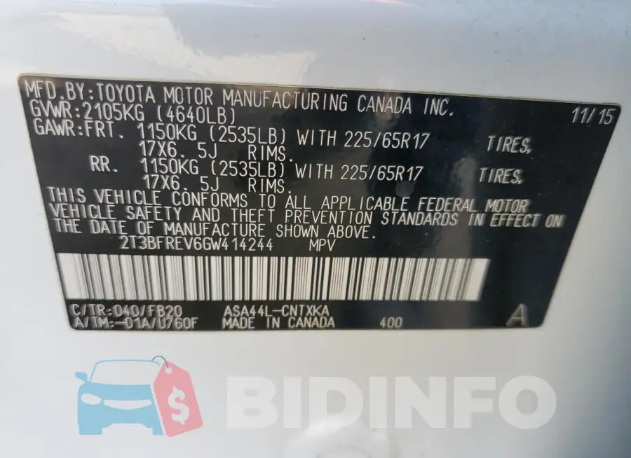 2T3BFREV6GW414244 Photo# 13