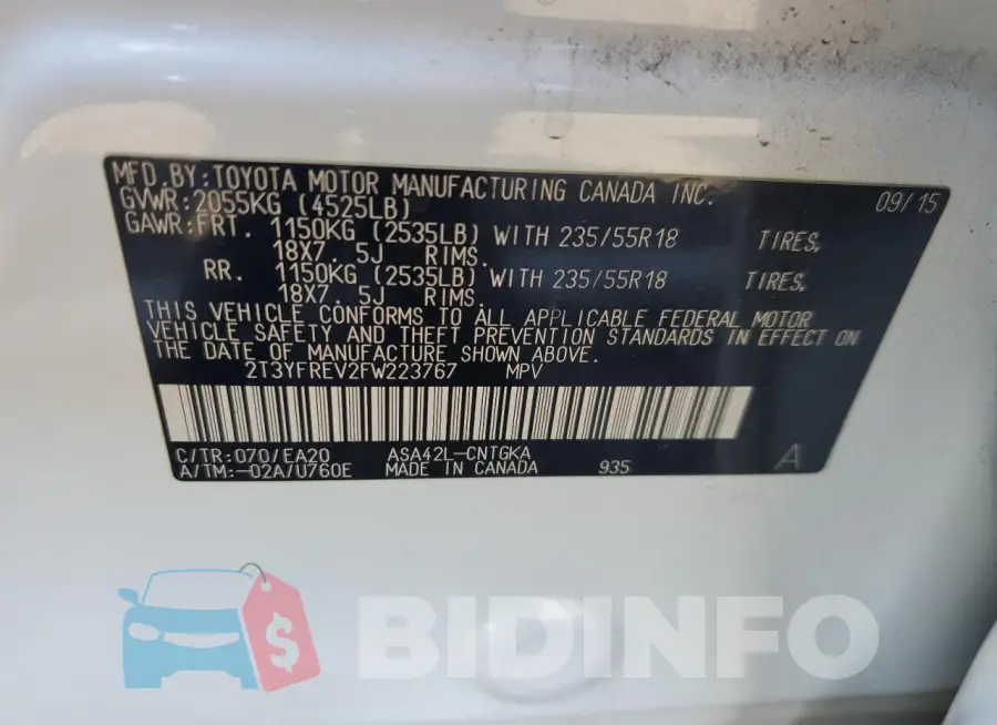 2T3YFREV2FW223767 Photo# 14