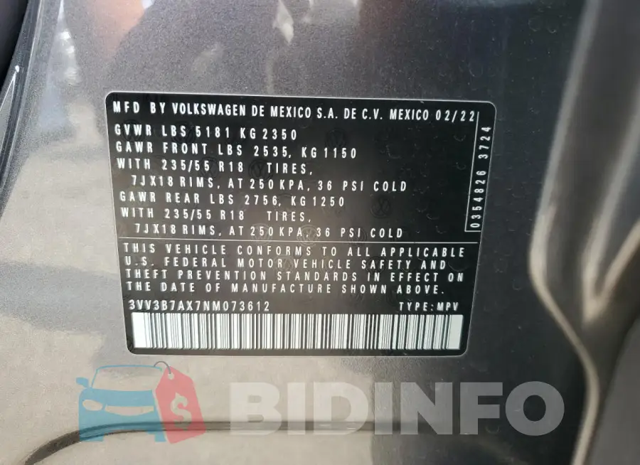 3VV3B7AX7NM073612 Photo# 13