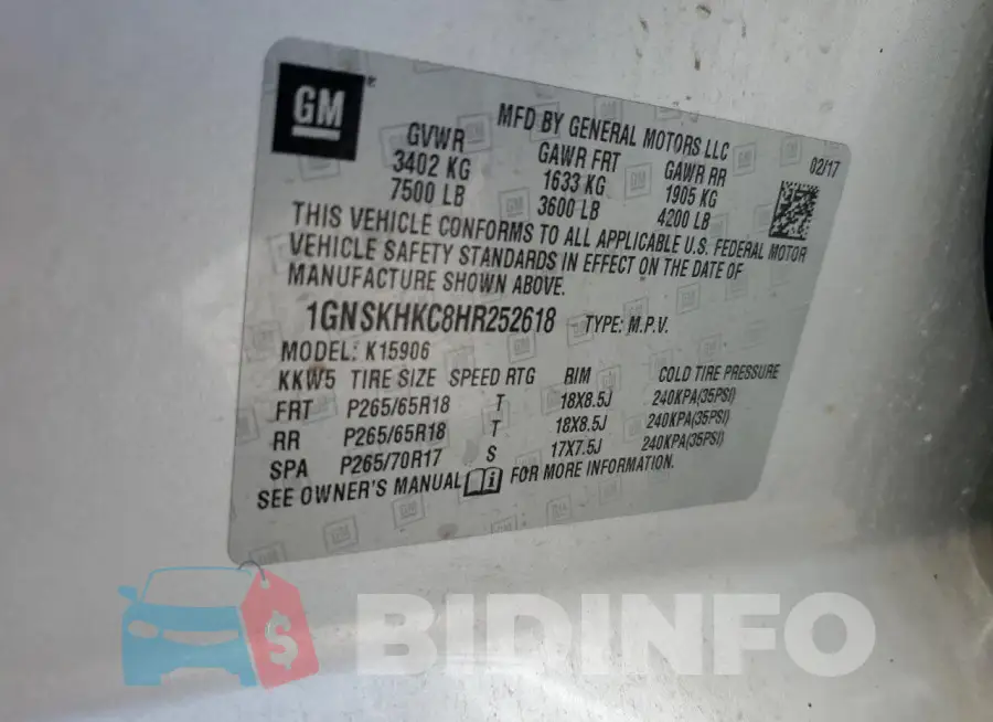 1GNSKHKC8HR252618 Photo# 13