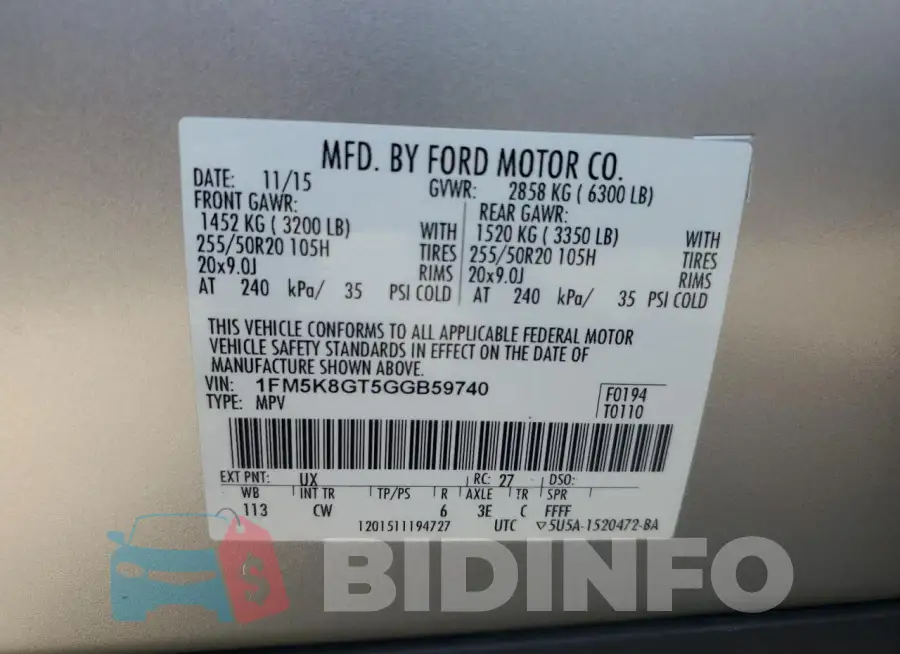 1FM5K8GT5GGB59740 Photo# 13