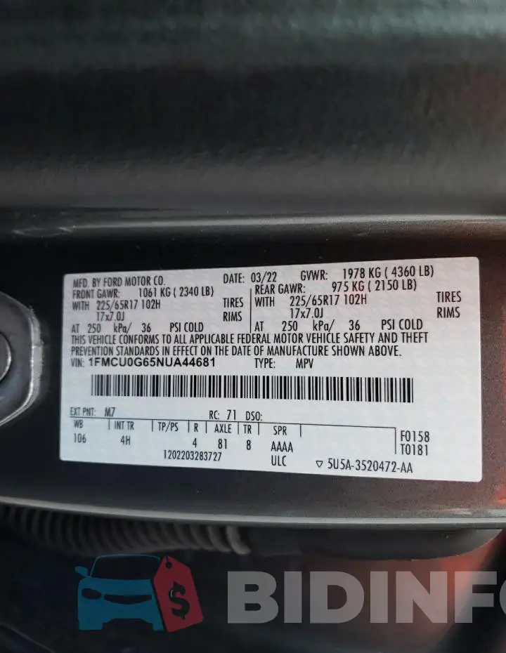 1FMCU0G65NUA44681 Photo# 14