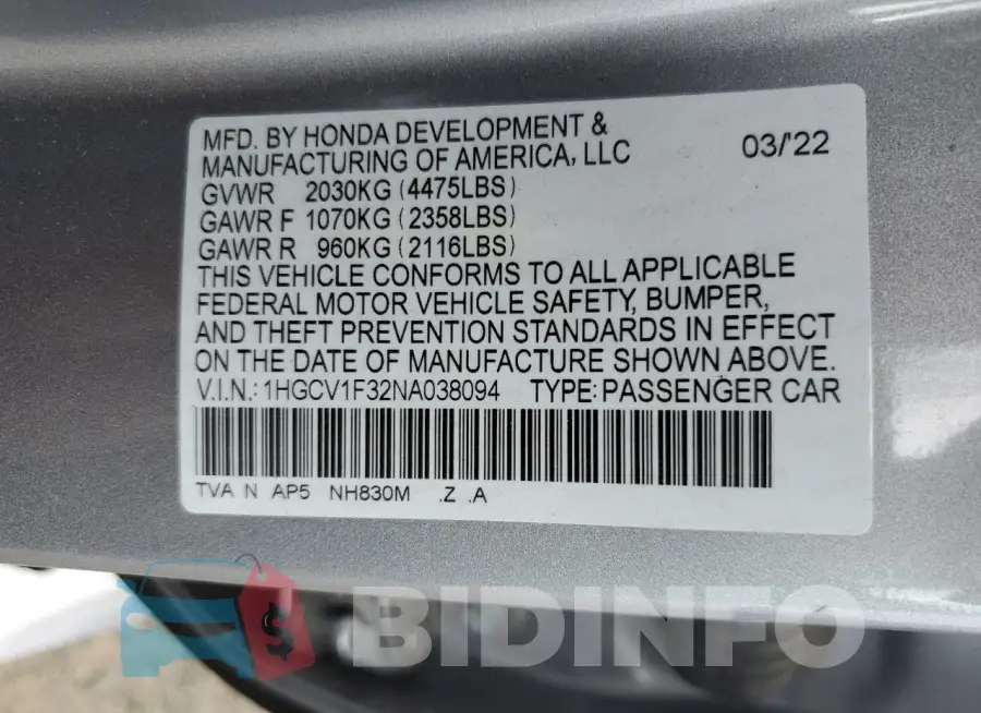 1HGCV1F32NA038094 Photo# 13